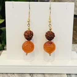 Carved Carnelian and Rudraksha Earrings
