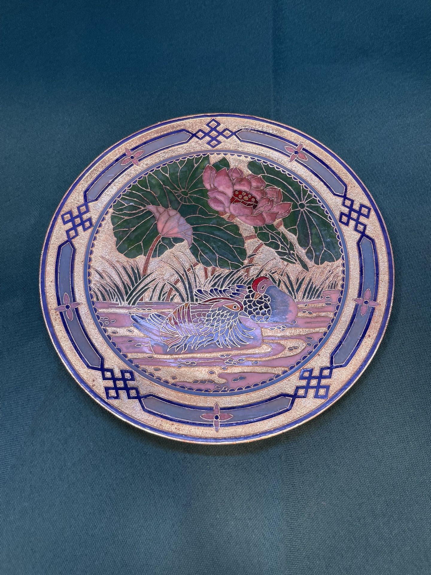 Antique Chinese Hand Painted Enamel Ducks On Bronze Plate