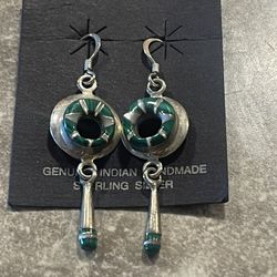 Hand Crafted Dangle Sterling Silver Earring Malachite And Opals Inlaid Southwest