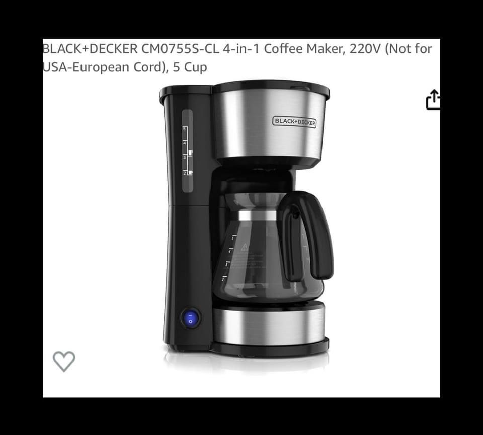 Black + Dexker 4 in 1 Coffe Maker 5 cup Comes with coffee mug and lid  Amazon’s Price:  $60 Our Price: $35  New in Box Pick up Imperial, Missouri All 