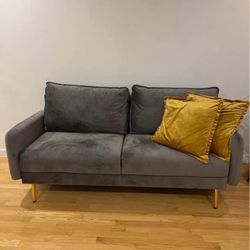Gray Velvet Couch With Gold Legs 