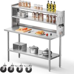 60x24 in NSF All Stainless Steel Table with Adjustable Shelf & Pegboard Panels & Casters, Kitchen Prep Table Commercial Heavy-Duty Worktabl