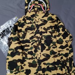 BAPE 1ST Camo Shark Button Up Shirt with Hoodie Yellow