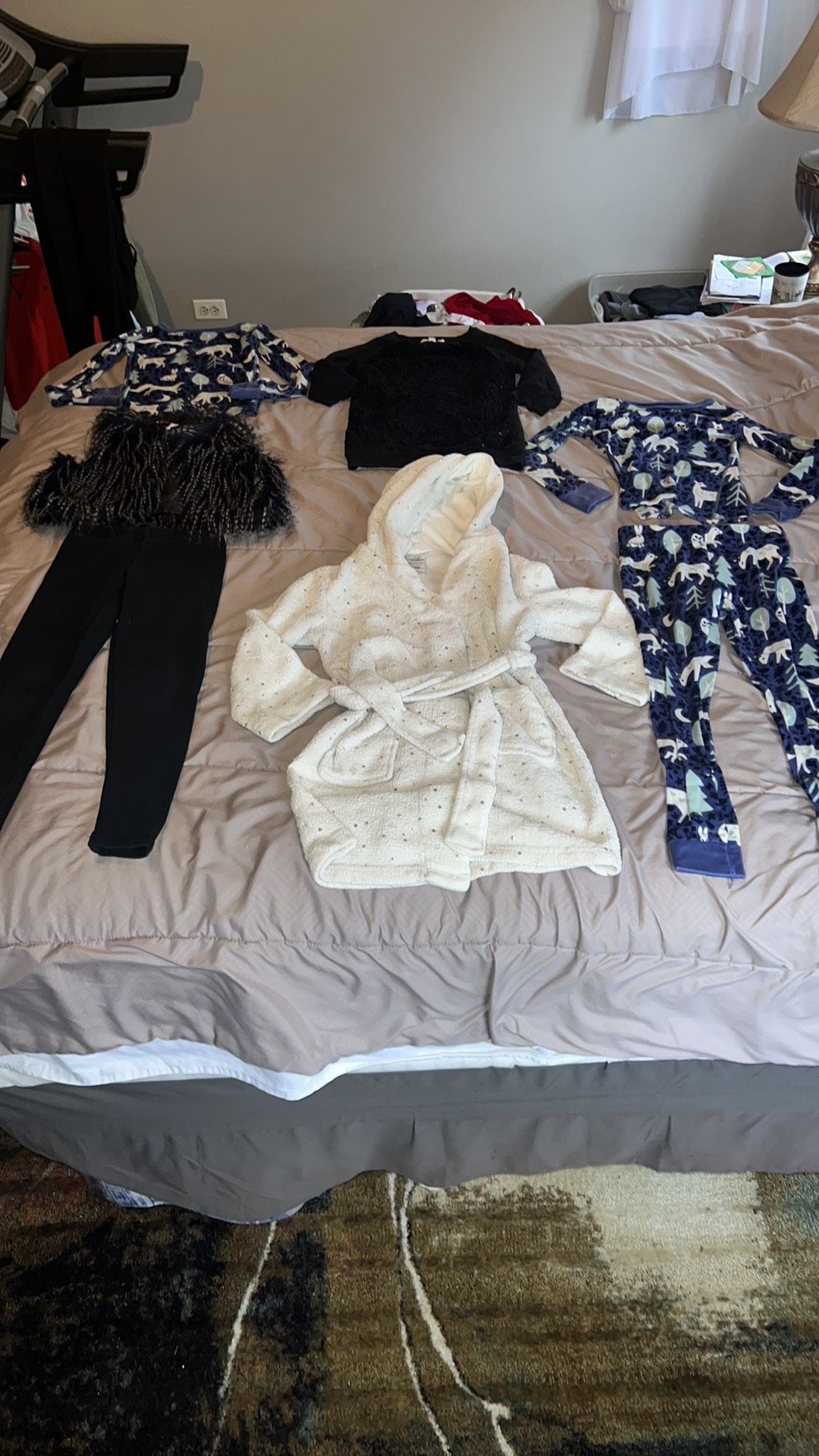Cat & Jack/self esteem/xhilaration size 6/6x clothes. Robe is not real soft anymore & gold dots are peeling off but no holes. Black sweater fur is a l