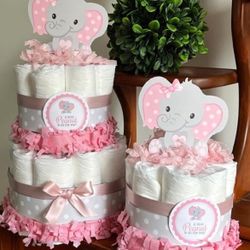 PINK GRAY ELEPHANT LITTLE PEANUT BABY SHOWER DIAPER CAKE centerpieces gift decor