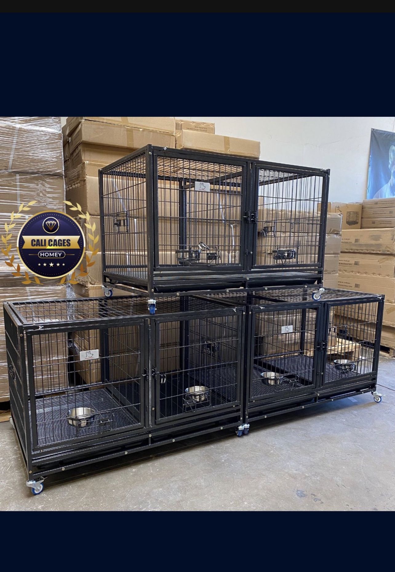 Triple Stacked Dog Pet Cage Kennel With Divider Trays and Feeding Bowls