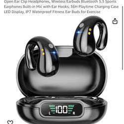Open Ear Clip Headphones, Wireless Earbuds Bluetooth 5.3 Sports Earphones Built-in Mic with Ear Hooks, 36H Playtime Charging Case LED Display, IP7 Wat