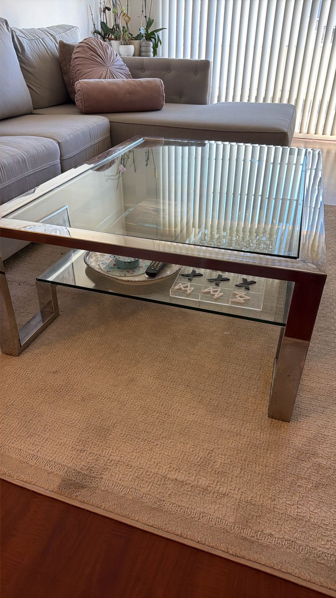 Coffee Table (Two-tiered Z Gallerie – Modern Glass + Chrome)