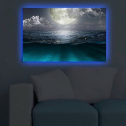 Wooden Framed Decorative Led Lighted Canvas Painting, Moon Over Ocean Canvas Print Wall Art