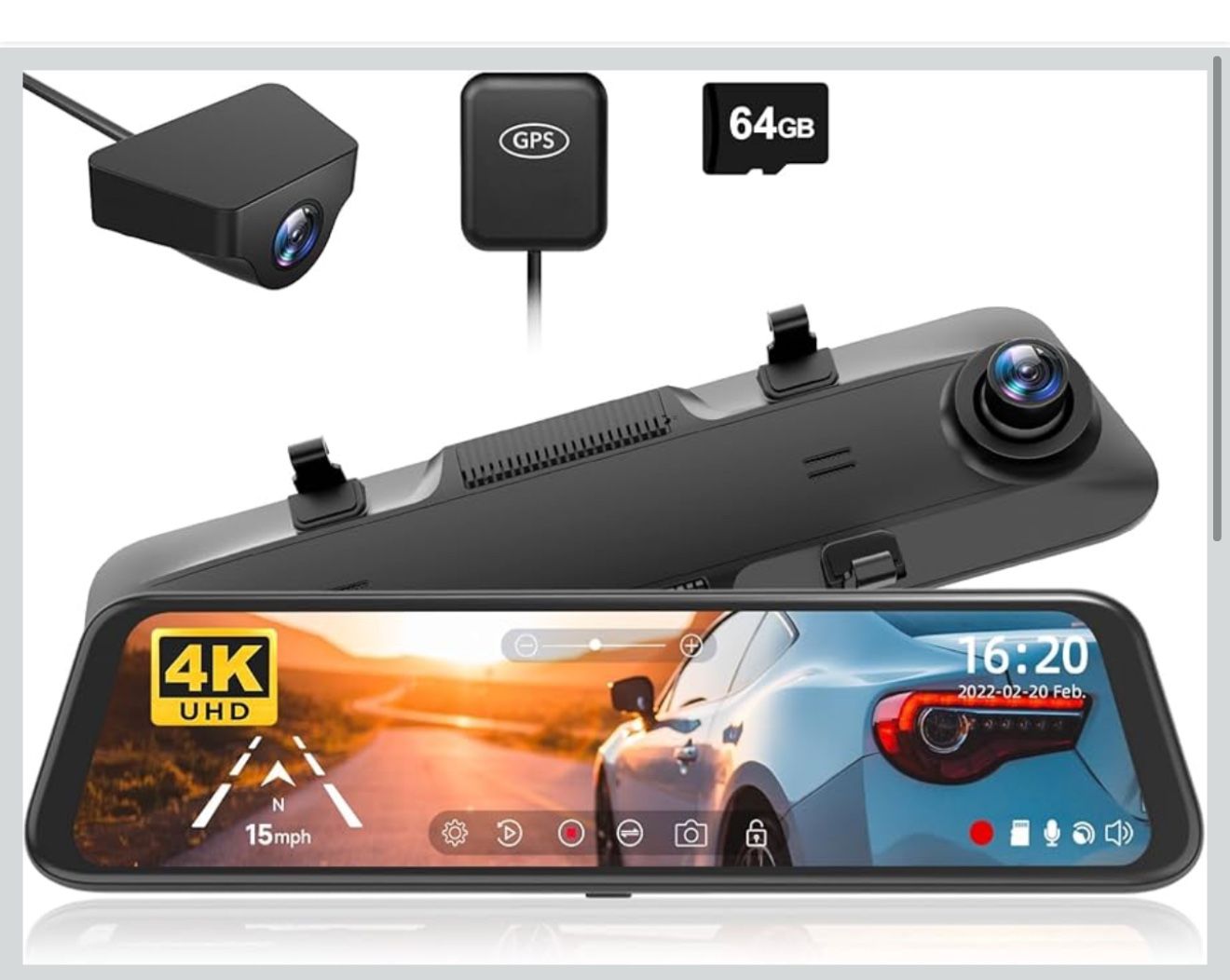 WOLFBOX G850 Cámara de espejo retrovisor 4K de 12 pulgadas con WiFi de 5.8 GHz y control de voz,...