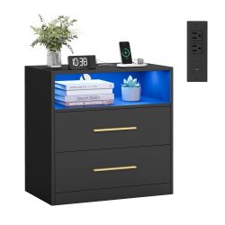 Nightstands, LED Lights, Charging Station, 2 Drawers LED Lights, Modern Night Stand, Side End Table with Drawers, Open Shelf, 2 AC Outlets USB Ports, 