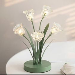 Floral Glass Table Lamp with Green Base Esoteric Crystal Lamp, Decorative Clear
