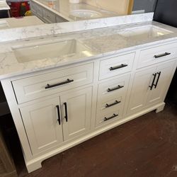 Doveton 60 in. Double Sink Freestanding White Bath Vanity with White Engineered Marble Top