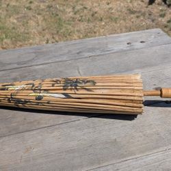 Vintage Asian Bamboo & Paper Parasol with Butterfly & Bamboo Motif – Hand-Painted

