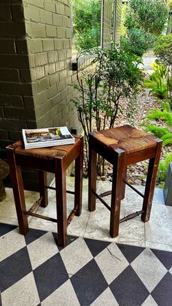Pair of Vintage Mid-Century Style Dark Walnut Bar Stools with Hand-Woven Rush Seats