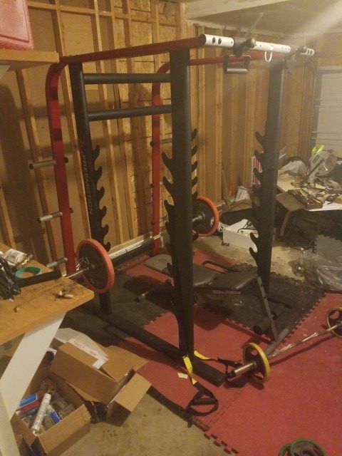Sqaut rack with 175lb weights, olympic/curl bars bench..OBO