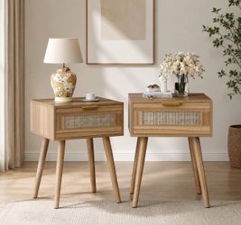 Rattan Nightstands Set of 2, Boho Night Stands with Drawer, Small Bed Side Table with Solid Wood Feet for Bedroom, Living Room, Small Space(Brown)