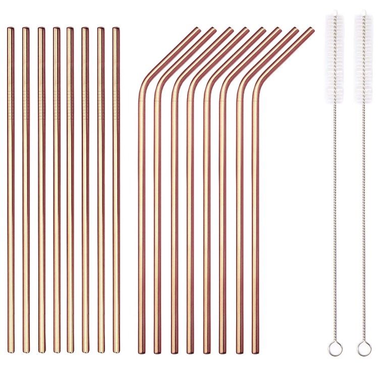 18 Piece Copper Stainless Steel Straws, 8.5 '' Reusable Rose Gold Drinking Straws