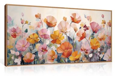 Large Floral Wall Art 40” x 20” – Framed Colorful Flower Canvas – Like New