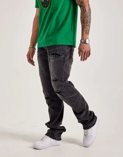 MENS SMOKE RISE WAVE EFFECT STRAIGHT DISTRESSED DENIM JEANS