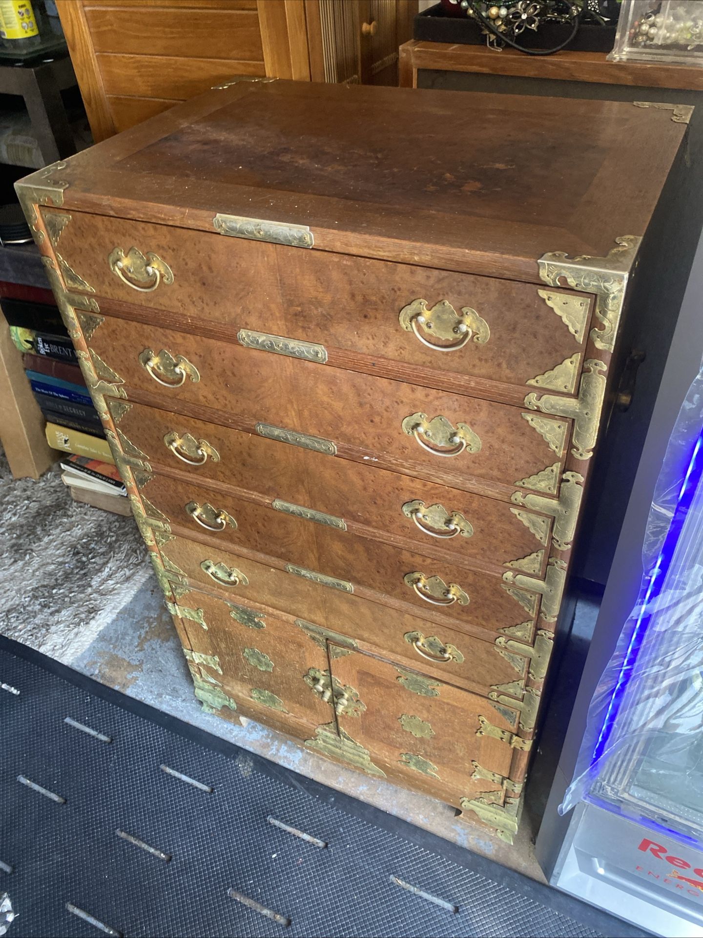 Mid Century Korean Burl Wood Chest W/ 5 Drawers & Bottom Cabinet