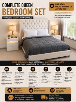 Complete Queen Bedroom Set – Bed, Sealy Mattress, Nightstands & Lamps – Like New