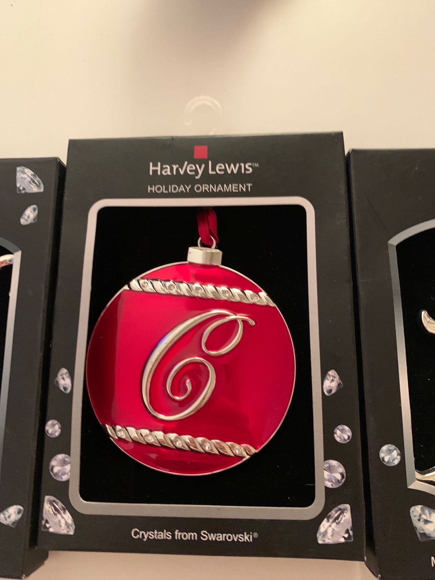 3 Harvey Lewis Monogram Letter Ornament Initial Metal w/ Crystals From Swarovski