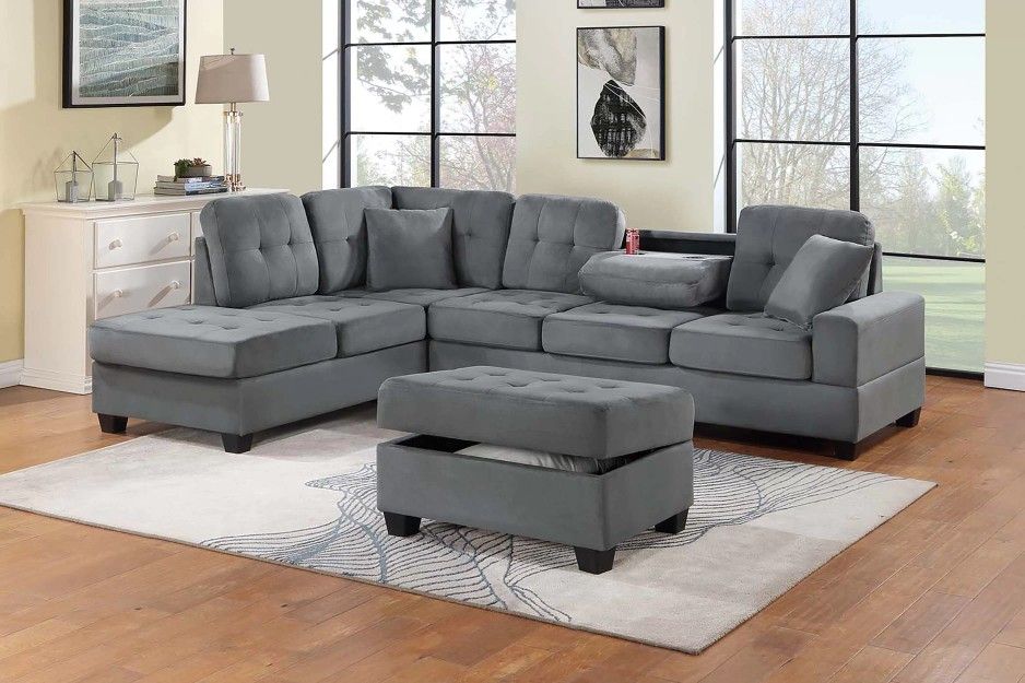 Brand New Grey Sectional Sofa w Storage Ottoman