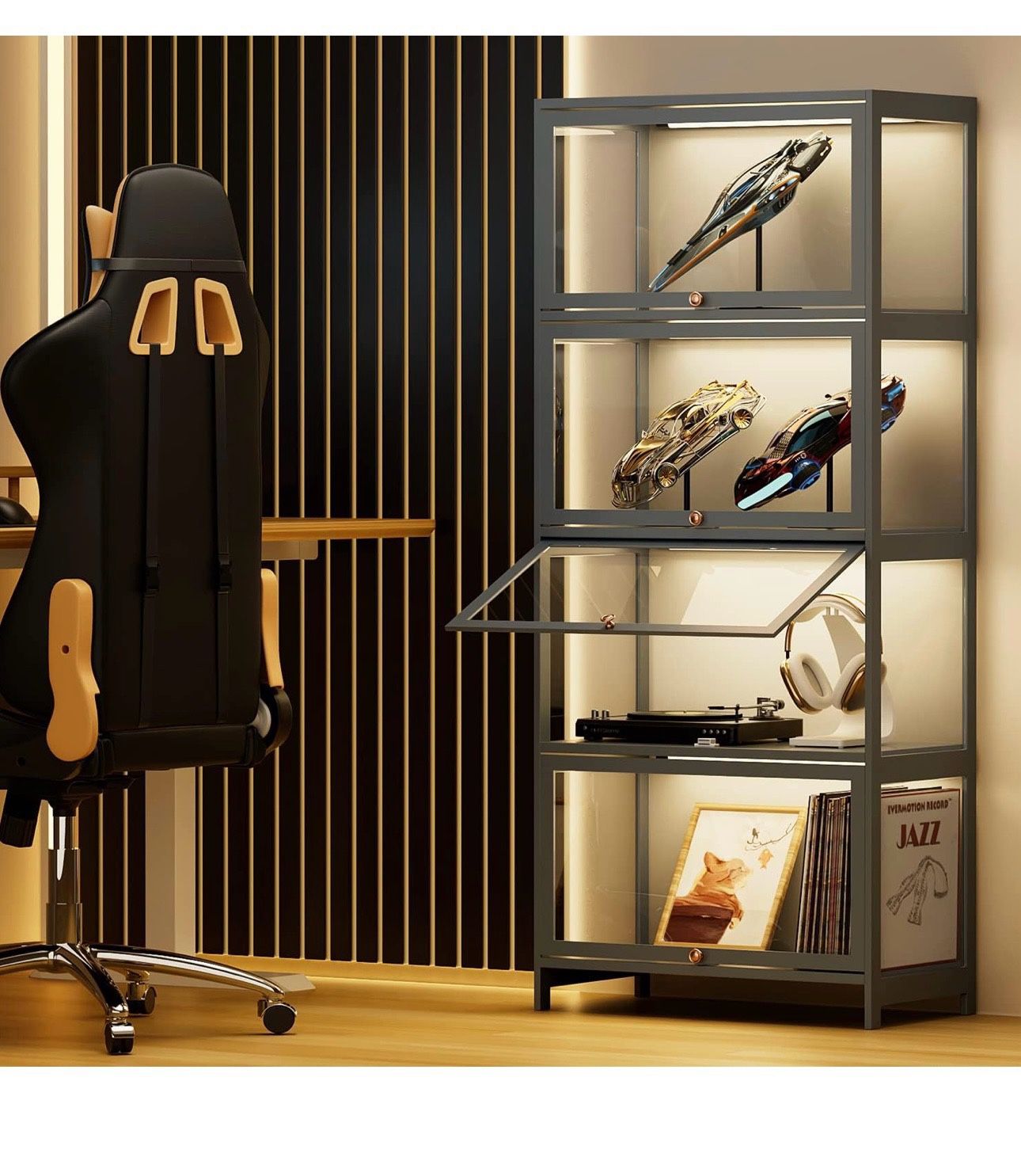 4-Tier Display Cabinet with Acrylic Doors - 55” Transparent Bamboo Display Case for Figures and Curio Collection, Floor Standing - Grey