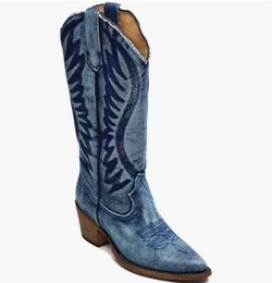 Cowboy Boots for Women Pointed Toe Chunky High Heels Butterfly Cowgirl Boots Wide Calf Knee High Boots Bridal Wedding Western Boots denim  Size 7(2) ,