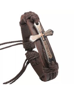 MEN BROWN SILVER LEATHER WRAP CROSS BRACELET