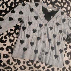 Gray Cardigan with Black Heart Pattern