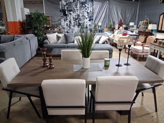 Beautiful 6 Pc Dining Set With 6 White Fabric Chairs (New)