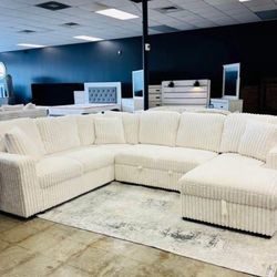 NEW IN  BOX - Beige Sectional With USB Charging Ports & Pull-Out Bed & STORAGE CHAISE Finance $39