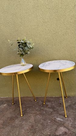 Pair of Gold & White Round Accent / Side Tables – Modern Glam