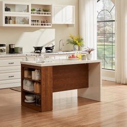 61" Kitchen Island With Imitation Marble Top – Portable Workstation With Storage Shelves, Power Outlets & Adjustable LED Light
