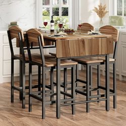 Dining Table Set for 4, Drop Leaf Pub Table and Dining Chair Set, Counter Height Table Set of 5, Kitchen Table Set with Stools for Kitchen Apartment B