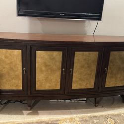 Elegant Dark Wood And Gold Sideboard/Media Console For Sale
