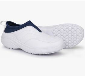 Hawkwell Slip On Lightweight Nursing Shoes Slip Resistant, White/ Navy, Size 10