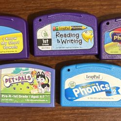 5 Leap Frog LeapPad Learning Game Cartridges-Phonics-Pet Pals-Read & Write-WORKS