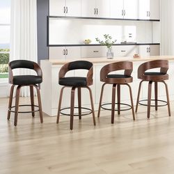 Swivel Bar Stools Set of 4,26" Faux Leather Upholstered Counter Height Barstools with Back,Mid-Century Modern Bar Chairs with Bentwood Legs and Footre