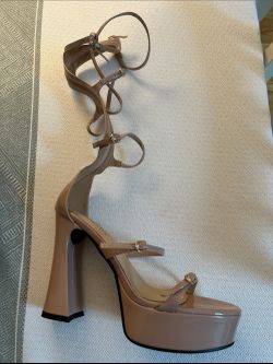 Patent Platform Ankle-Tie Sandals in Nude