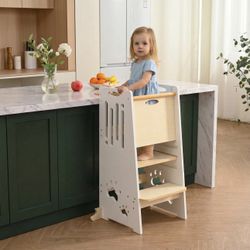 New-Wooden Kitchen Toddler Tower, 3 Adjustable Heights, Kids Standing Step Stool with Wide Stable Base & Removable Guardrail 