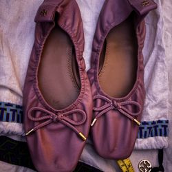 Tory Burch square toe bow ballet nappa leather Pink Magnolia flats y2k shoes