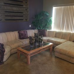 5 pc sectional . 103” Right side, 128” left side. Chaise is 37” wide x 62” length .