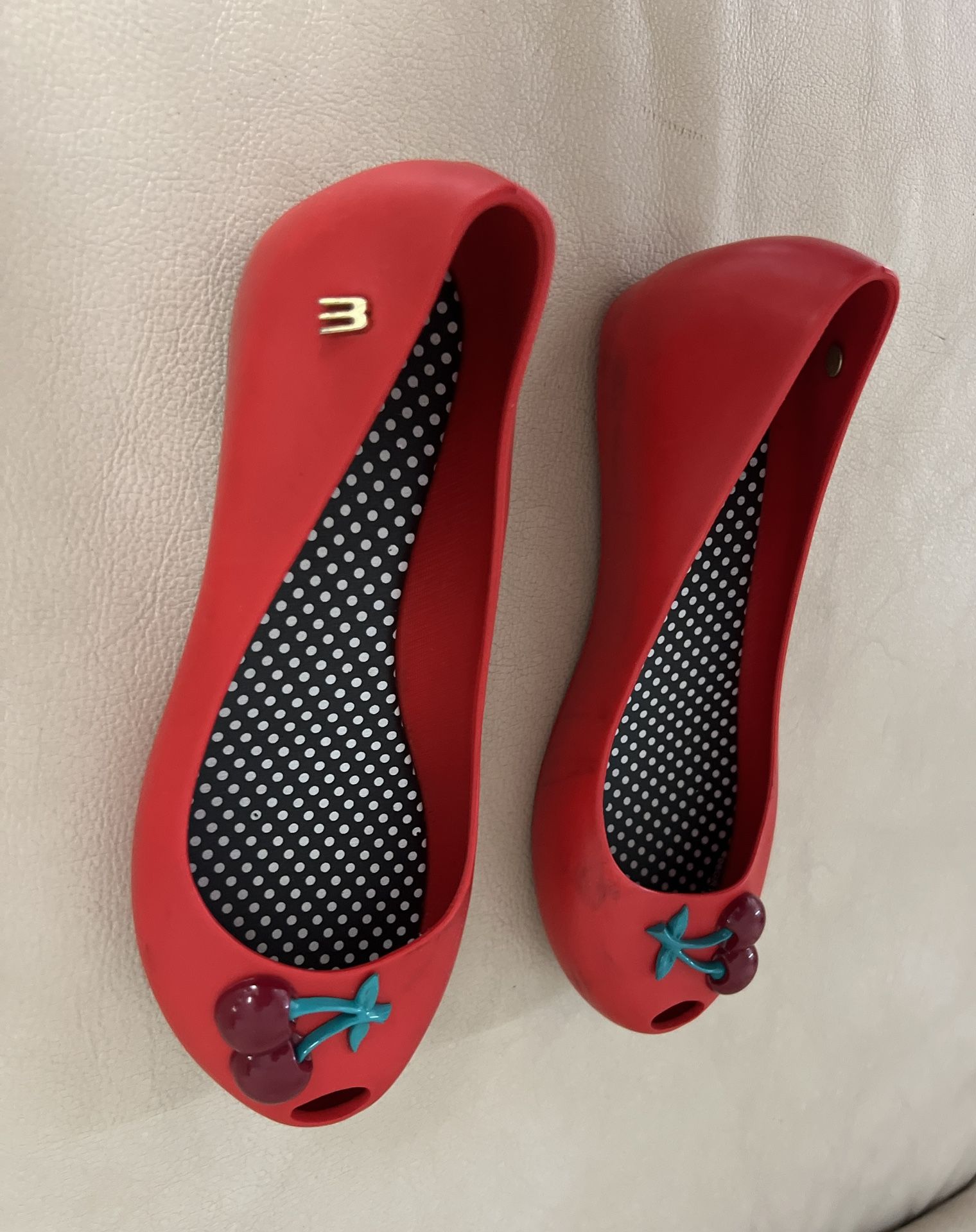 Melissa Red Flats w/ Cherry Design and Peep Toe, Size 2