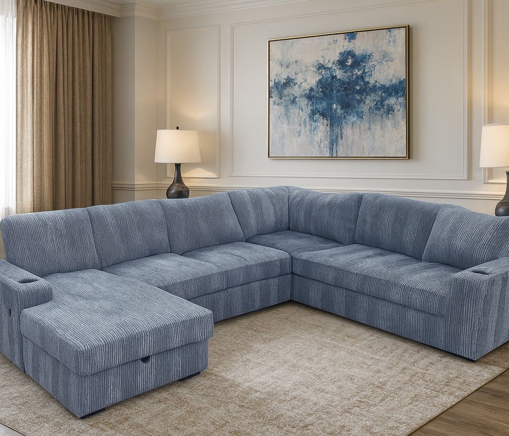 IKEA Gray Corduroy Sectional Sofa w/ Chaise, Storage, USB Charger & Cup Holders Like-New