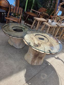 Pair of Unique Rustic Coffee Tables – Organic Solid Wood and Glass
