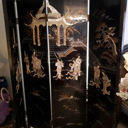 Vintage Chinese Lacquered Mothet Of Pearl Room Divider 7"x72"