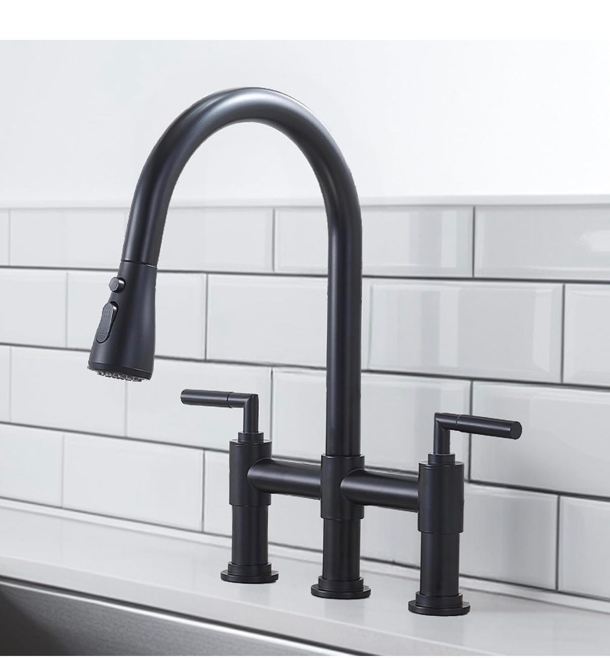 KINGO HOME 3 Hole Matte Black Bridge Kitchen Faucet with Pull Down Sprayer k20